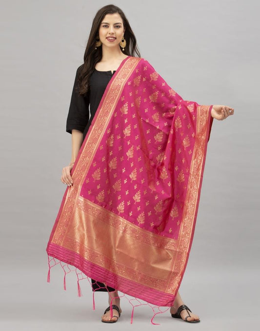 Enchanting Pink Coloured Poly Silk Jacquard Dupatta | Sudathi