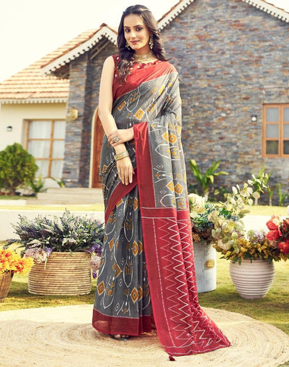 Ready to Wear Grey & Multicoloured Cotton Printed Saree