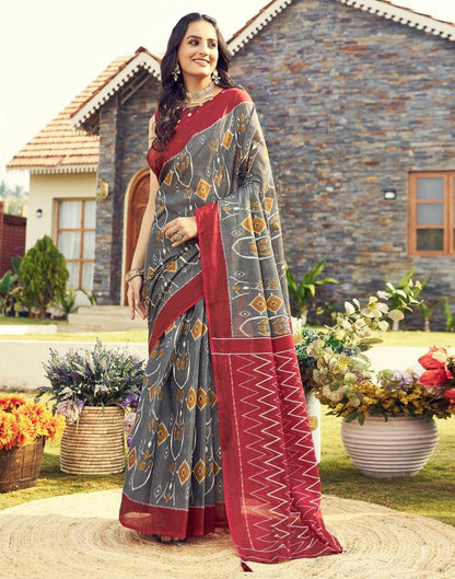 Ready to Wear Grey & Multicoloured Cotton Printed Saree