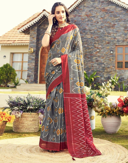 Ready to Wear Grey & Multicoloured Cotton Printed Saree