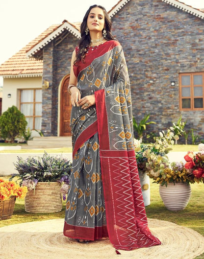 Ready to Wear Grey & Multicoloured Cotton Printed Saree