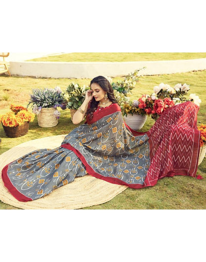 Ready to Wear Grey & Multicoloured Cotton Printed Saree
