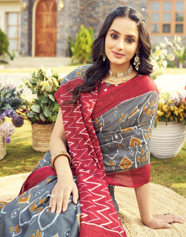 Ready to Wear Grey & Multicoloured Cotton Printed Saree