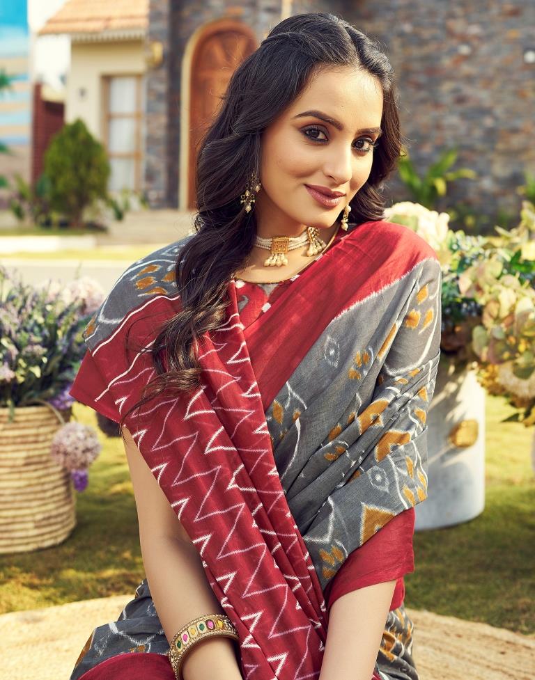 Ready to Wear Grey & Multicoloured Cotton Printed Saree