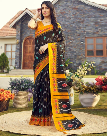 Ready to Wear Black & Yellow Cotton Printed Saree