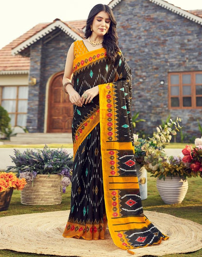 Ready to Wear Black & Yellow Cotton Printed Saree