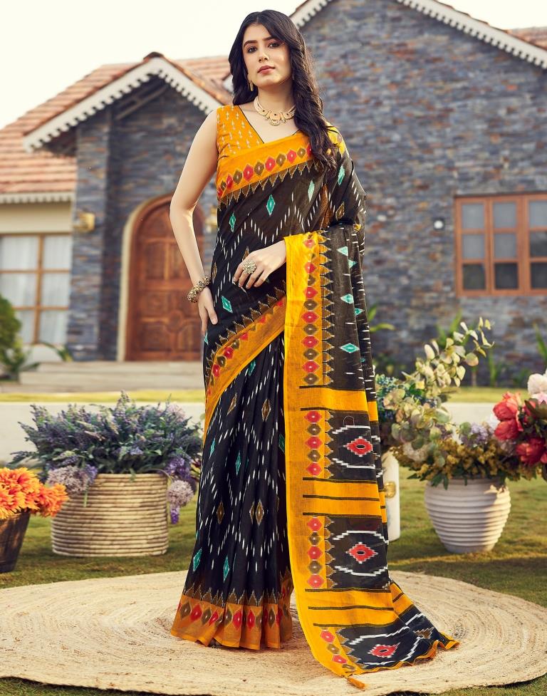 Ready to Wear Black & Yellow Cotton Printed Saree
