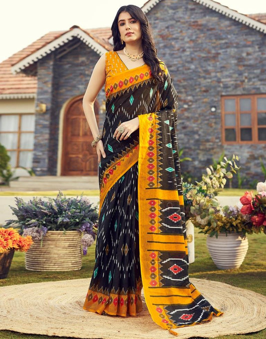Ready to Wear Black & Yellow Cotton Printed Saree