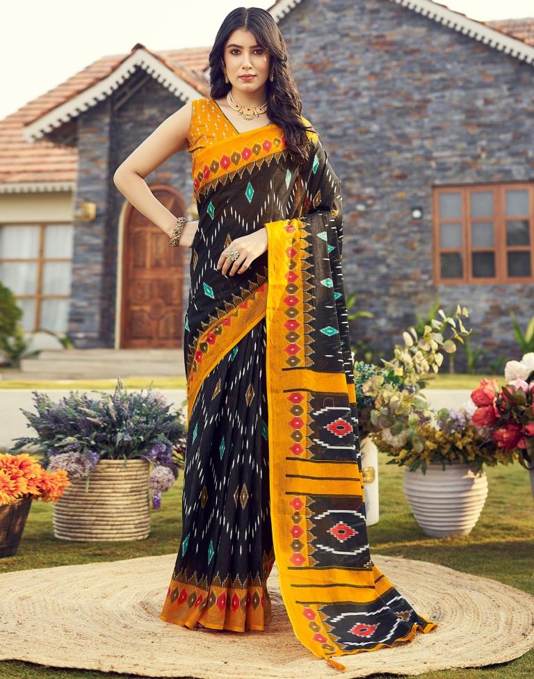 Ready to Wear Black & Yellow Cotton Printed Saree