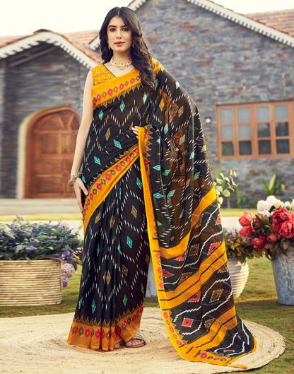 Ready to Wear Black & Yellow Cotton Printed Saree