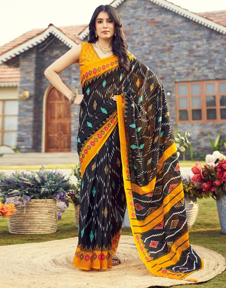 Ready to Wear Black & Yellow Cotton Printed Saree