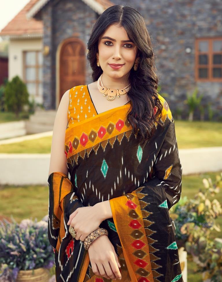 Ready to Wear Black & Yellow Cotton Printed Saree