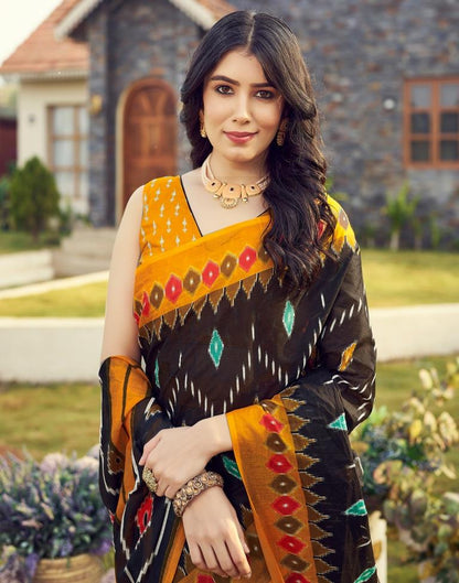 Ready to Wear Black & Yellow Cotton Printed Saree