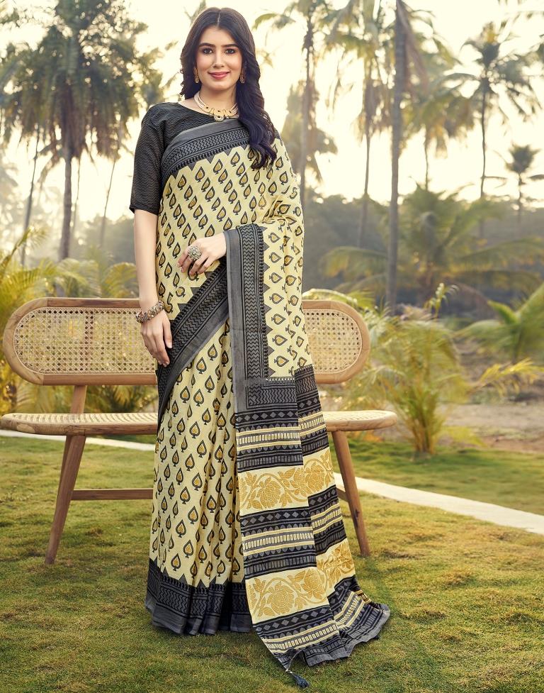 Ready to Wear Pastel Yellow & Grey Cotton Printed Saree