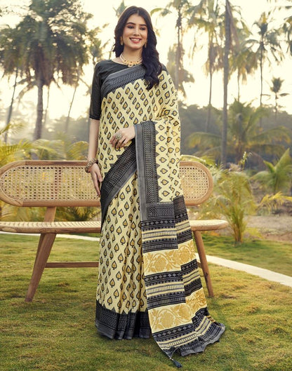 Ready to Wear Pastel Yellow & Grey Cotton Printed Saree