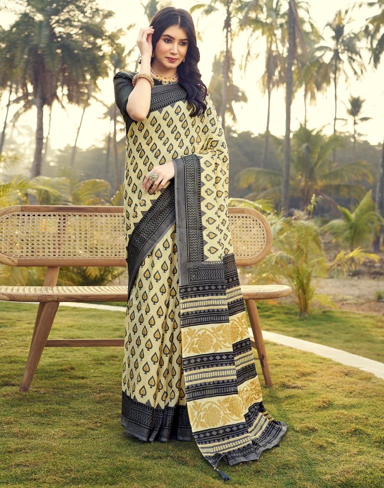 Ready to Wear Pastel Yellow & Grey Cotton Printed Saree