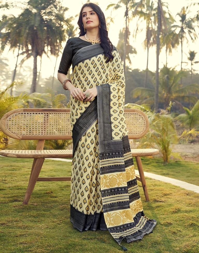 Ready to Wear Pastel Yellow & Grey Cotton Printed Saree