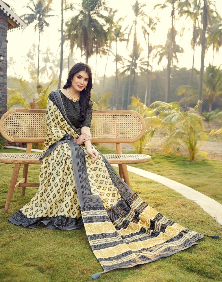 Ready to Wear Pastel Yellow & Grey Cotton Printed Saree