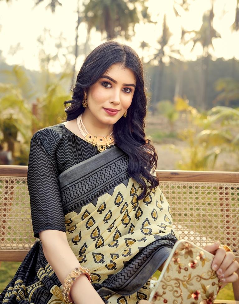 Ready to Wear Pastel Yellow & Grey Cotton Printed Saree