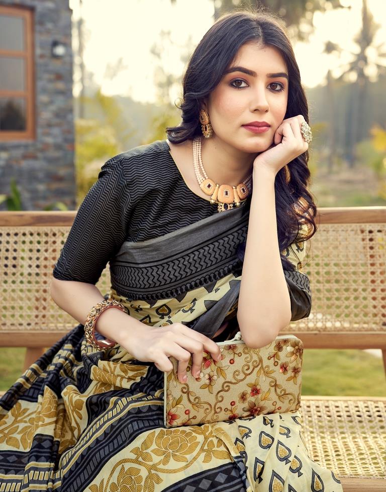 Ready to Wear Pastel Yellow & Grey Cotton Printed Saree