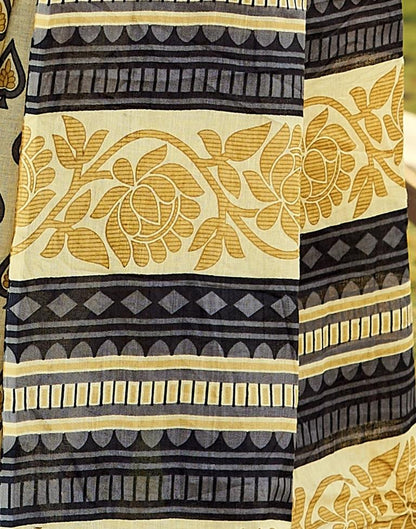 Ready to Wear Pastel Yellow & Grey Cotton Printed Saree