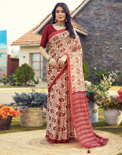 Ready to Wear Beige & Red Cotton Printed Saree