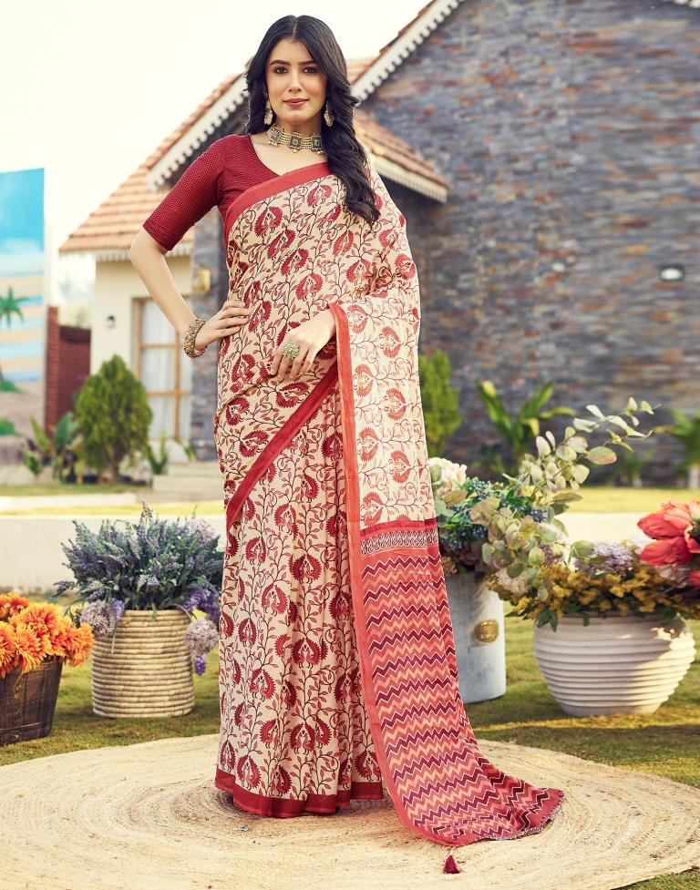Ready to Wear Beige & Red Cotton Printed Saree