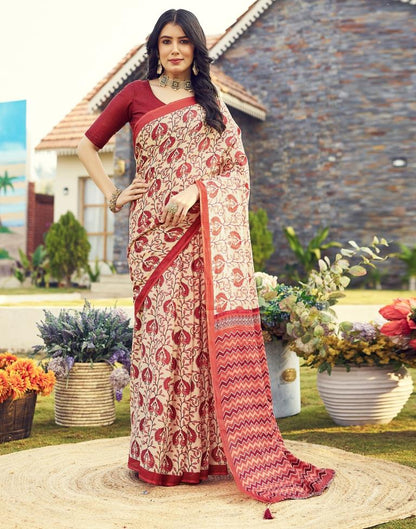 Ready to Wear Beige & Red Cotton Printed Saree