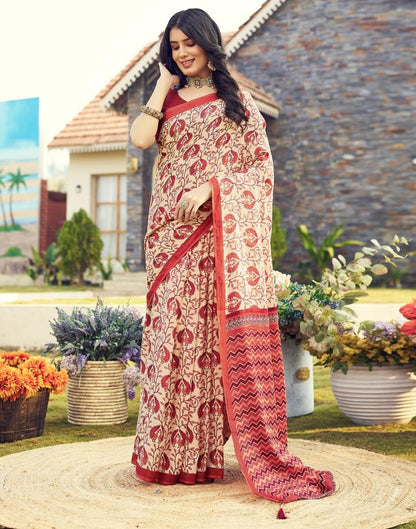 Ready to Wear Beige & Red Cotton Printed Saree