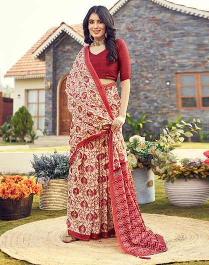Ready to Wear Beige & Red Cotton Printed Saree