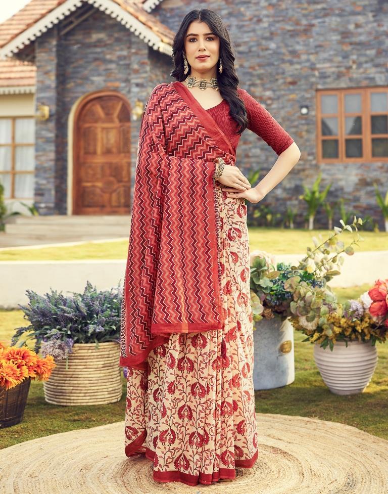 Ready to Wear Beige & Red Cotton Printed Saree