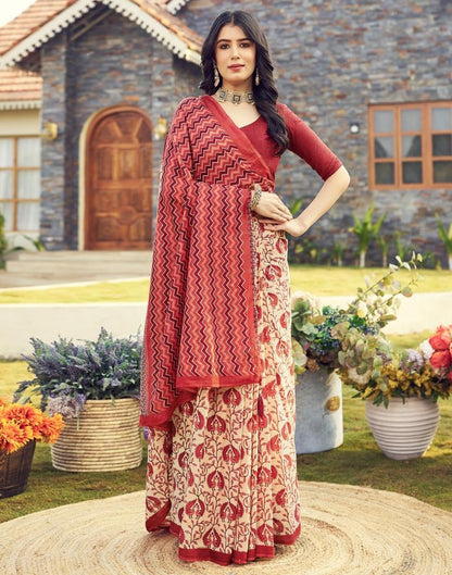 Ready to Wear Beige & Red Cotton Printed Saree