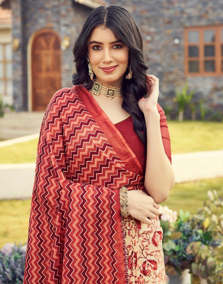 Ready to Wear Beige & Red Cotton Printed Saree