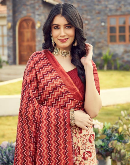 Ready to Wear Beige & Red Cotton Printed Saree