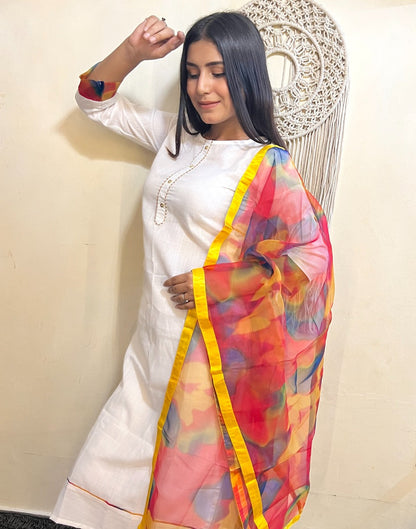 White Kurti With Pant And Dupatta | Leemboodi