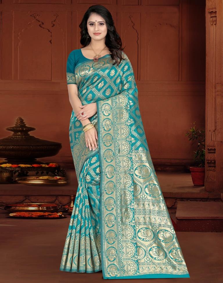 Turquose Jacquard Banarasi Silk Saree