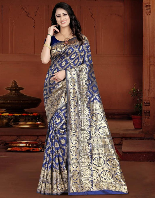 Navy Blue Jacquard Banarasi Silk Saree
