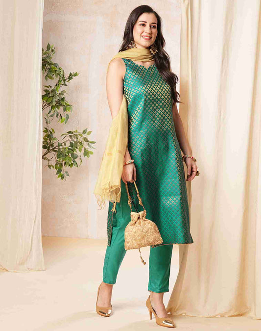 Rama Green Jacquard Silk Straight Kurta With Pant And Dupatta