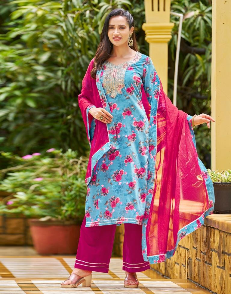 Sky Blue Printed Velvet Straight kurta With Pant And Dupatta