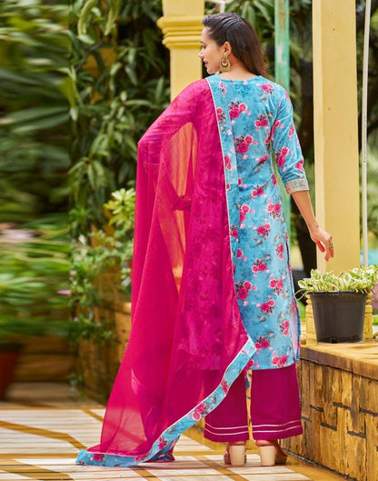 Sky Blue Printed Velvet Straight kurta With Pant And Dupatta