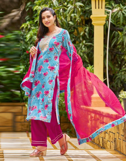 Sky Blue Printed Velvet Straight kurta With Pant And Dupatta