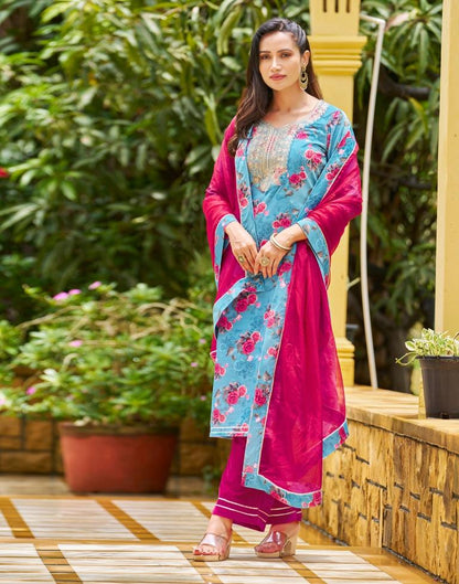 Sky Blue Printed Velvet Straight kurta With Pant And Dupatta