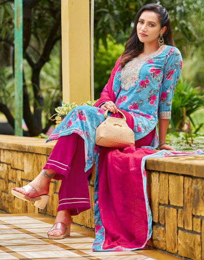 Sky Blue Printed Velvet Straight kurta With Pant And Dupatta