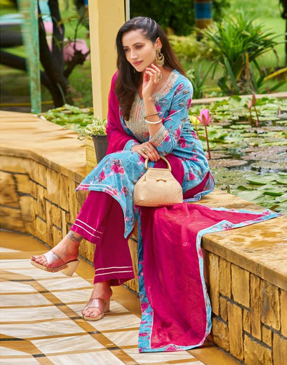 Sky Blue Printed Velvet Straight kurta With Pant And Dupatta