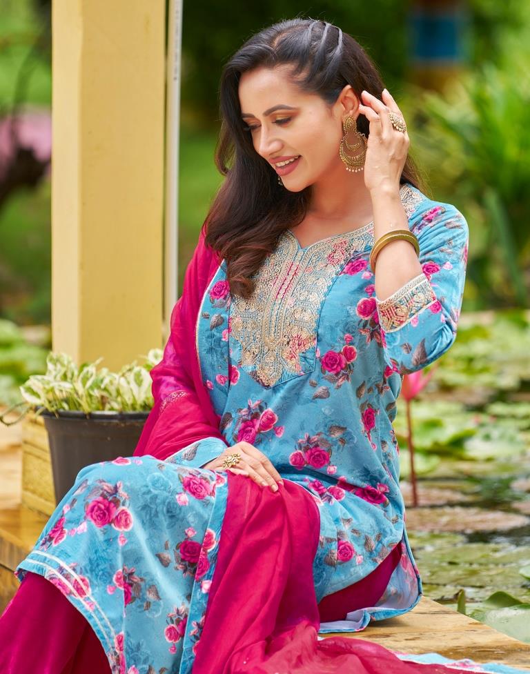 Sky Blue Printed Velvet Straight kurta With Pant And Dupatta
