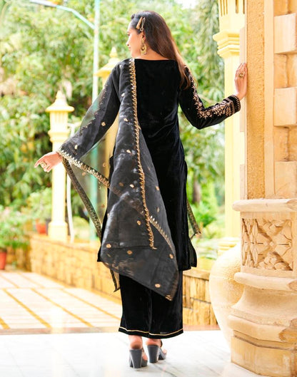 Black Embroidery Velvet Straight Kurta With Pant And Dupatta