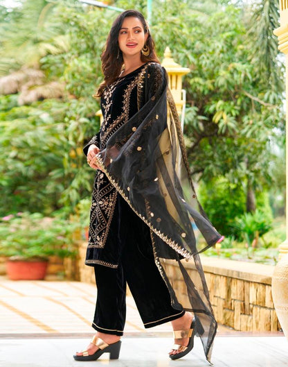 Black Embroidery Velvet Straight Kurta With Pant And Dupatta