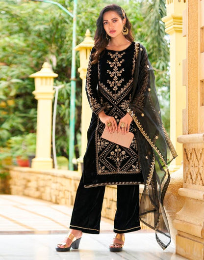 Black Embroidery Velvet Straight Kurta With Pant And Dupatta