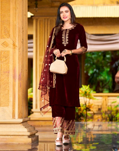 Maroon Embroidery Velvet Straight Kurta With Pant And Dupatta