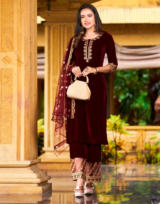 Maroon Embroidery Velvet Straight Kurta With Pant And Dupatta